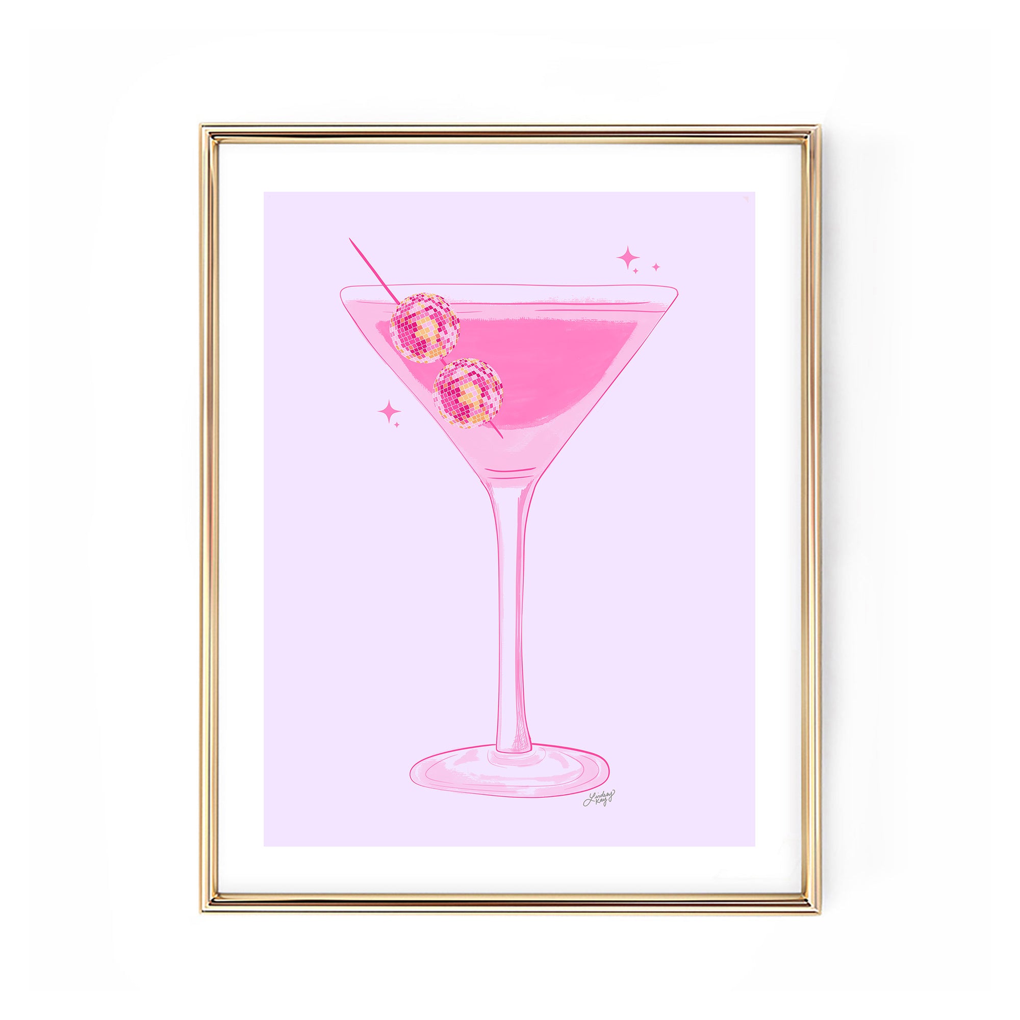 disco ball martini glass pink purple yellow illustration party alcohol bart cart 70s art print wall art poster Lindsey Kay Collective