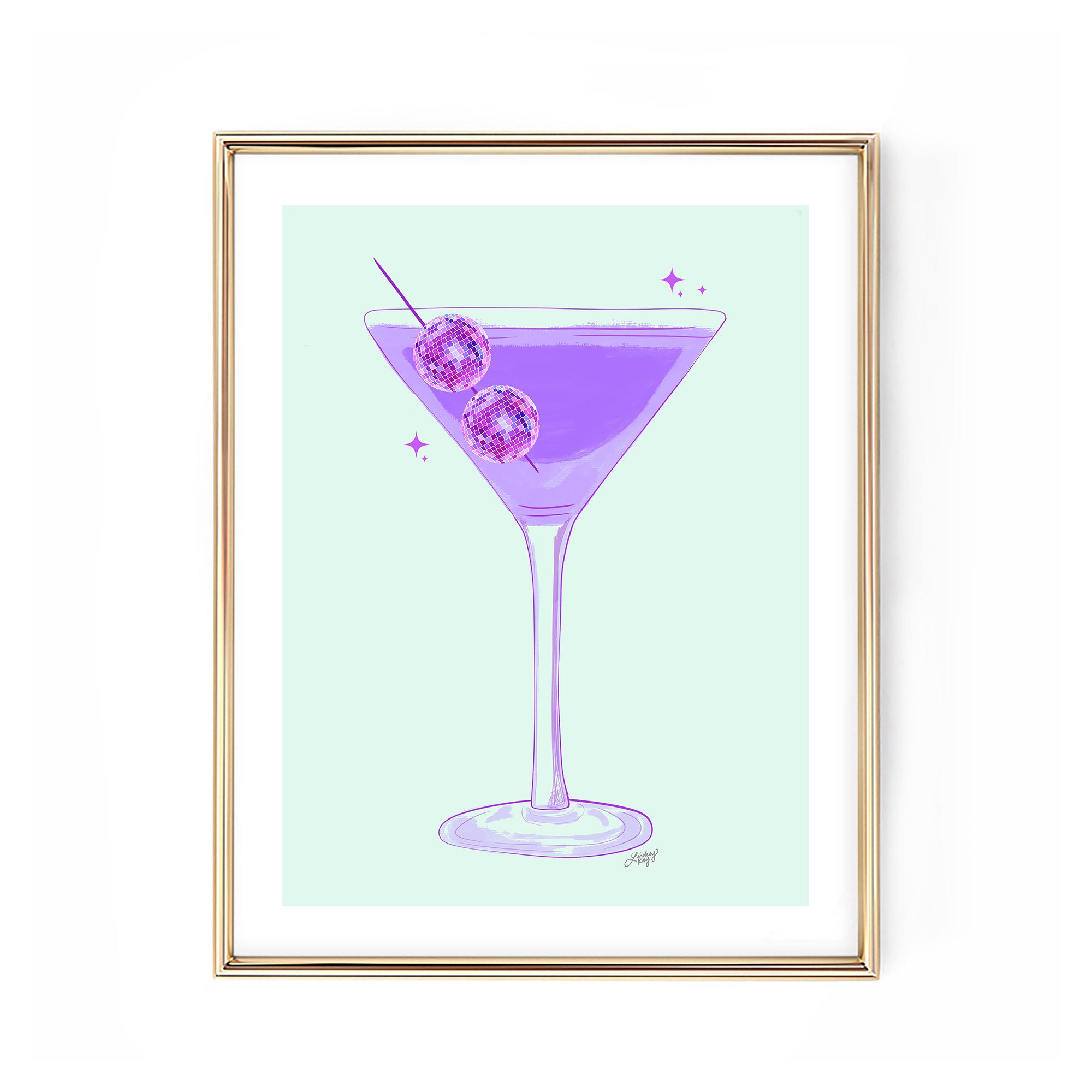 Hand-illustrated disco ball martini glass art print by Lindsey Kay Collective – retro cocktail wall art for bar carts, kitchens, dorms, or gallery walls – colorful disco glam illustration – printed on enhanced matte paper with vibrant inks – available in multiple colors and 10 sizes