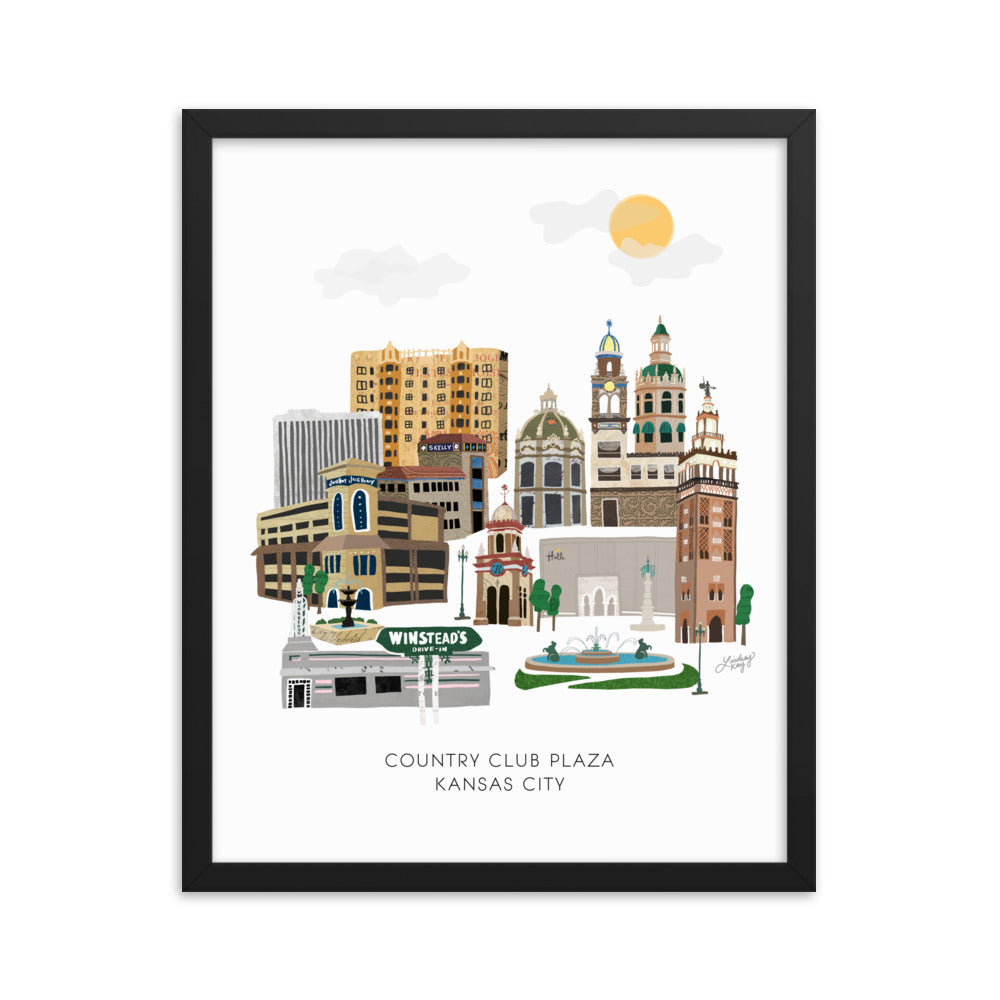Kansas City Plaza Skyline Illustration - Framed Matte Print - Lindsey Kay Collective
