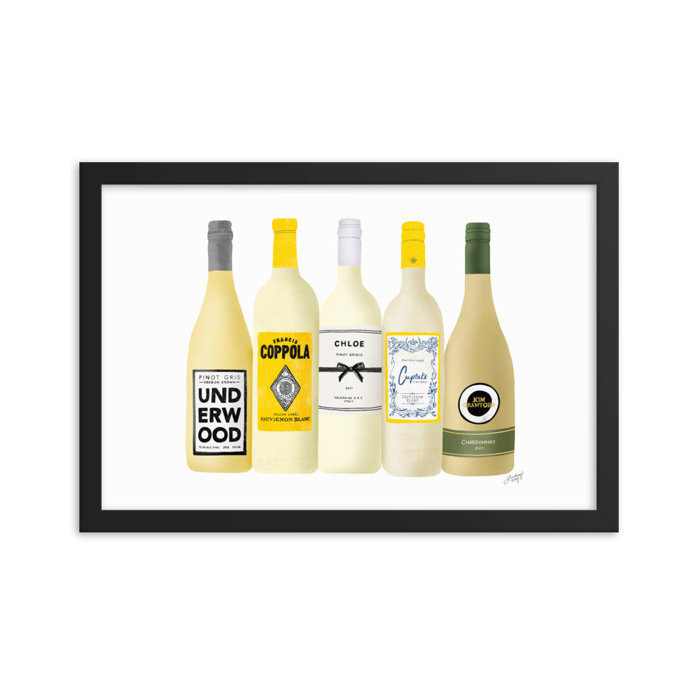 Ilustración de botellas de vino blanco - Impresión mate enmarcada