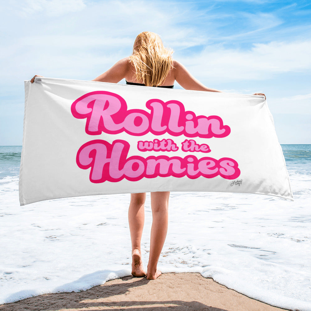 rollin with the homies clueless quote lettering pink beach towel pool accessory cute lindsey kay collective
