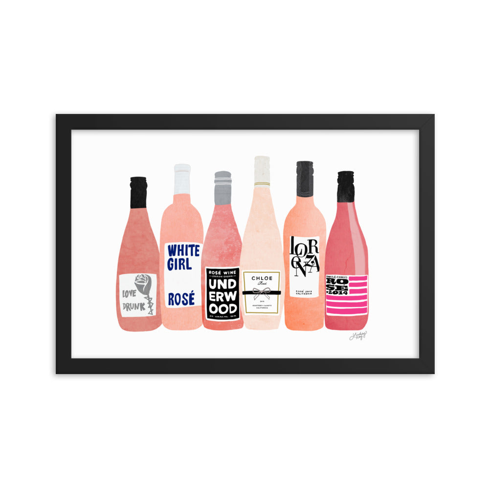 Rose Wine Bottles Illustration - Framed Matte Print