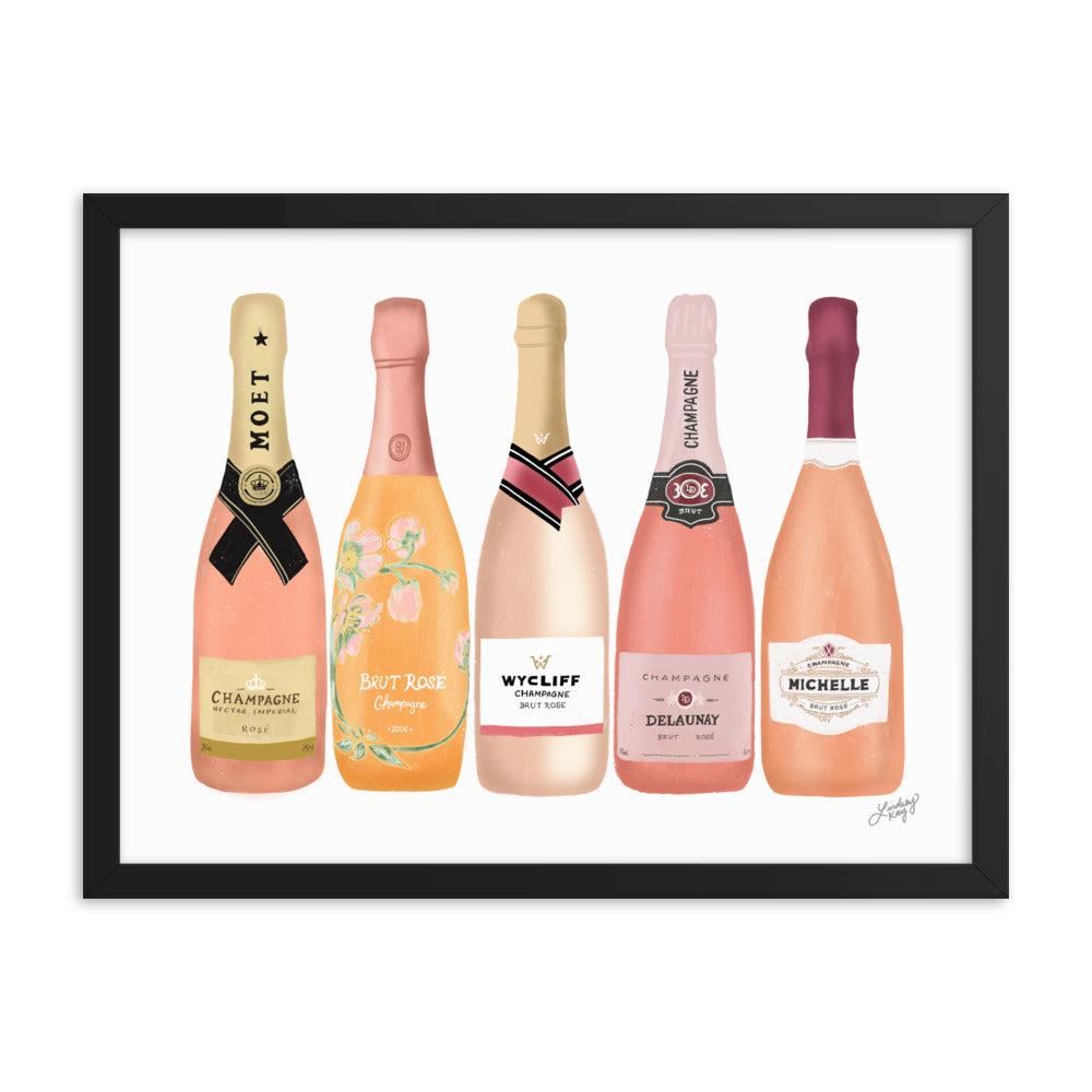 Illustration de bouteilles de champagne rose - Affiche mate encadrée