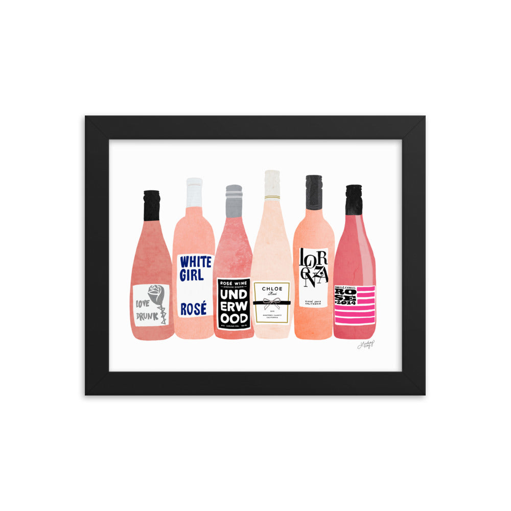 Rose Wine Bottles Illustration - Framed Matte Print