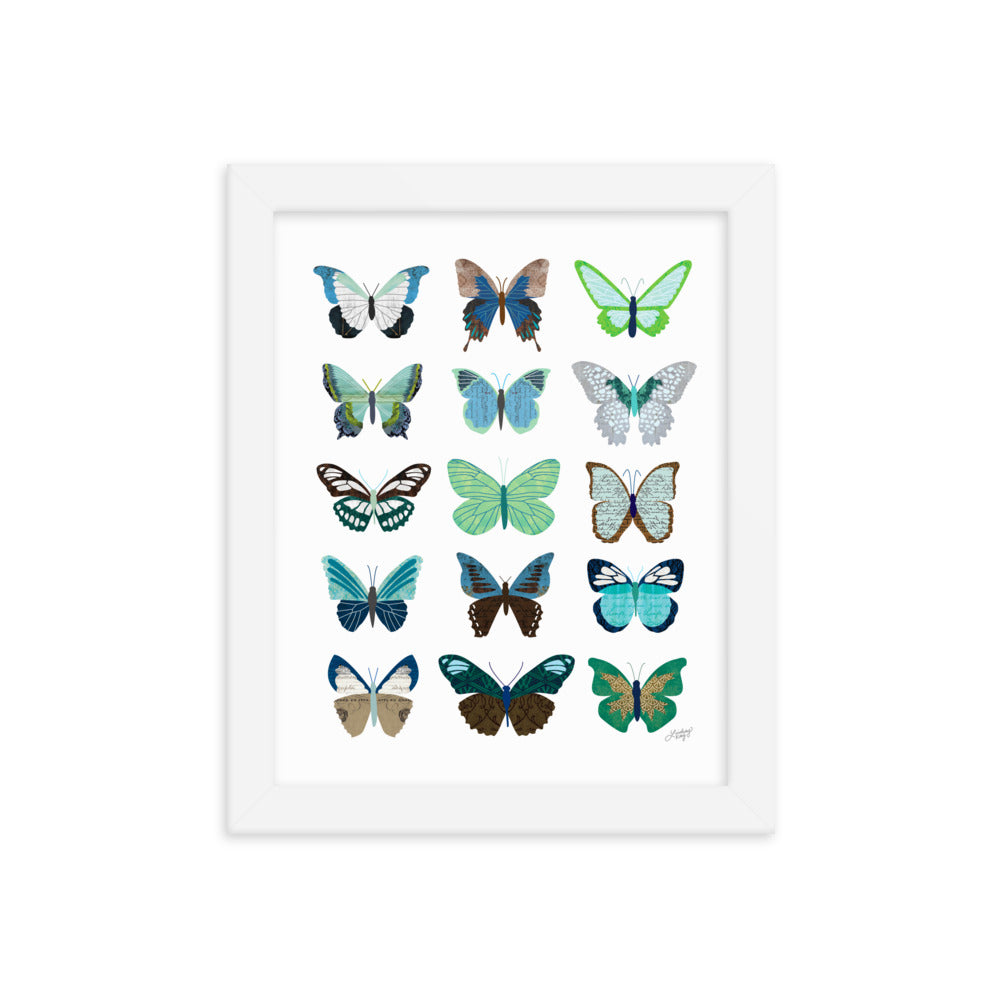 Collage de mariposas verdes y azules - Impresión mate enmarcada