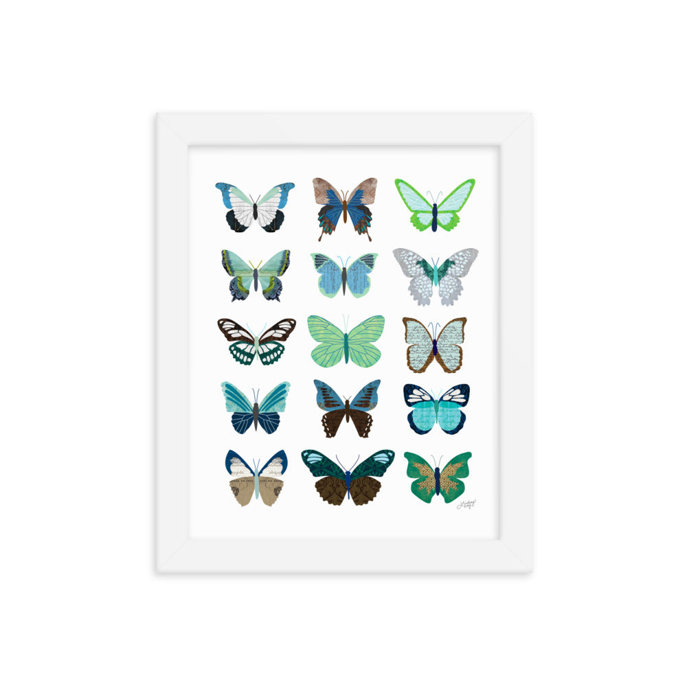 Green and Blue Butterflies Collage - Framed Matte Print