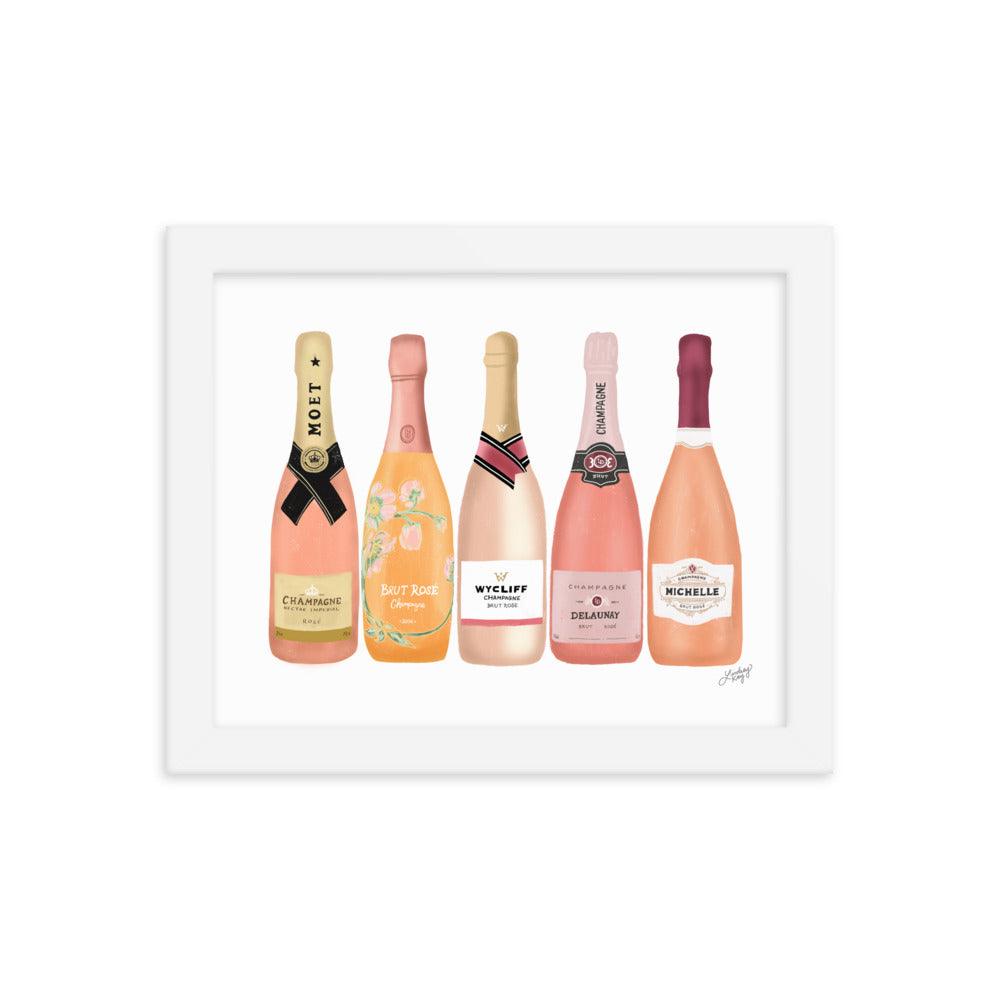 Rose Champagne Bottles Illustration - Framed Matte Poster