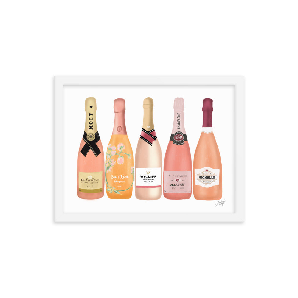 Rose Champagne Bottles Illustration - Framed Matte Poster