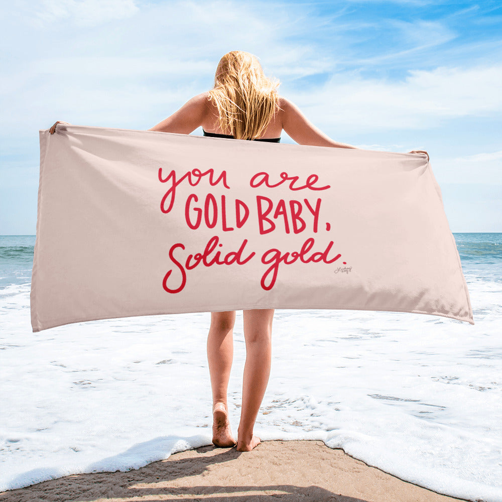 you are gold baby solid gold beach towel cute lettering pink red lindsey kay co