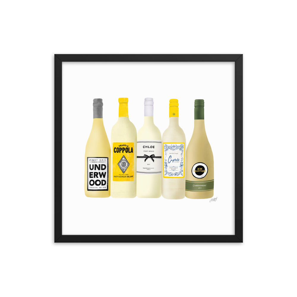 White Wine Bottles Illustration - Framed Matte Print