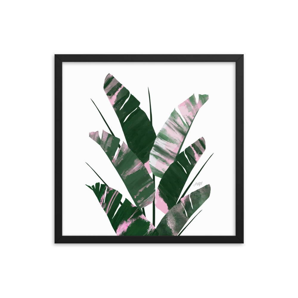 Planta de hoja de plátano (paleta verde/rosa) - Impresión mate enmarcada