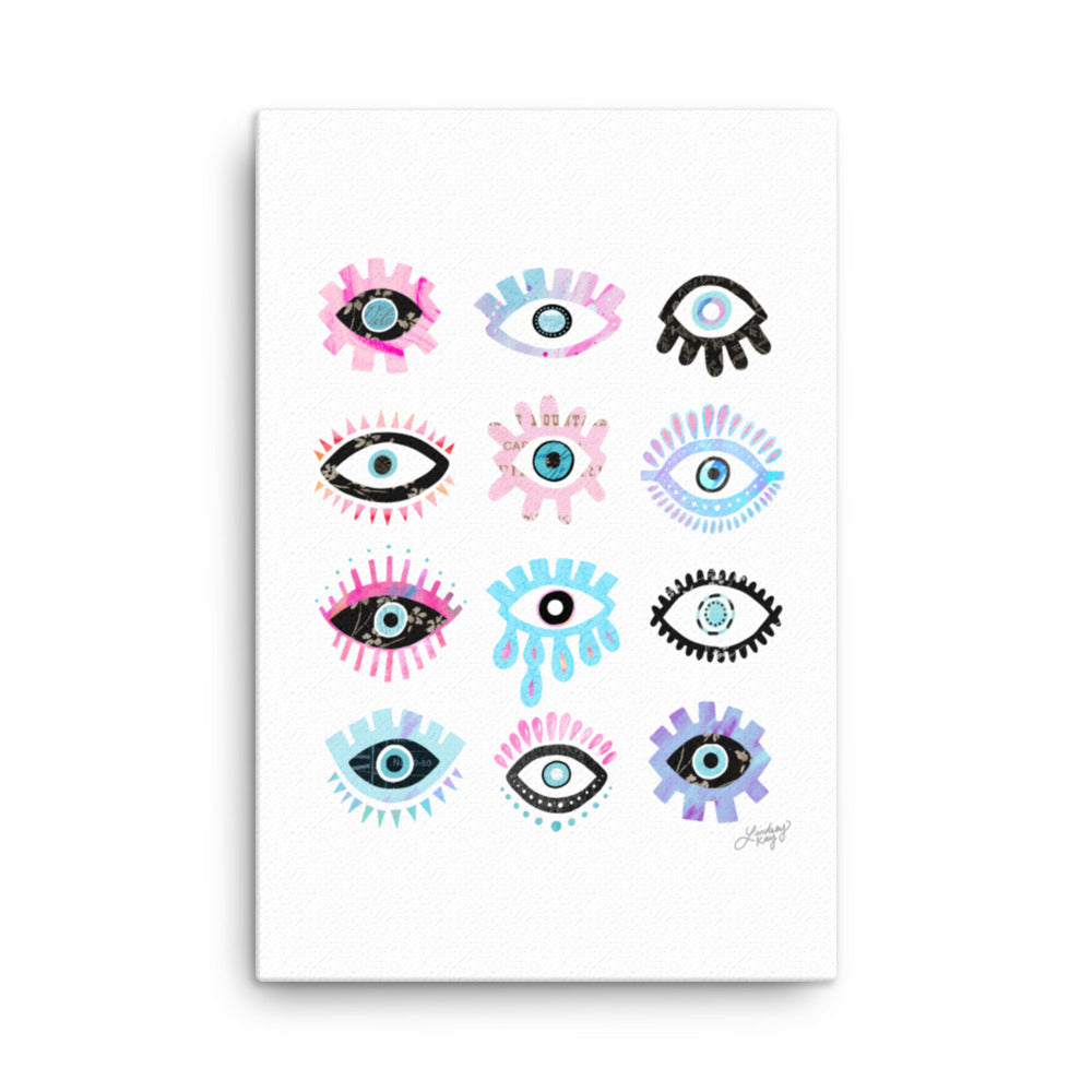colorful and bright evil eyes illustration on canvas designed by lindsey kay collective
