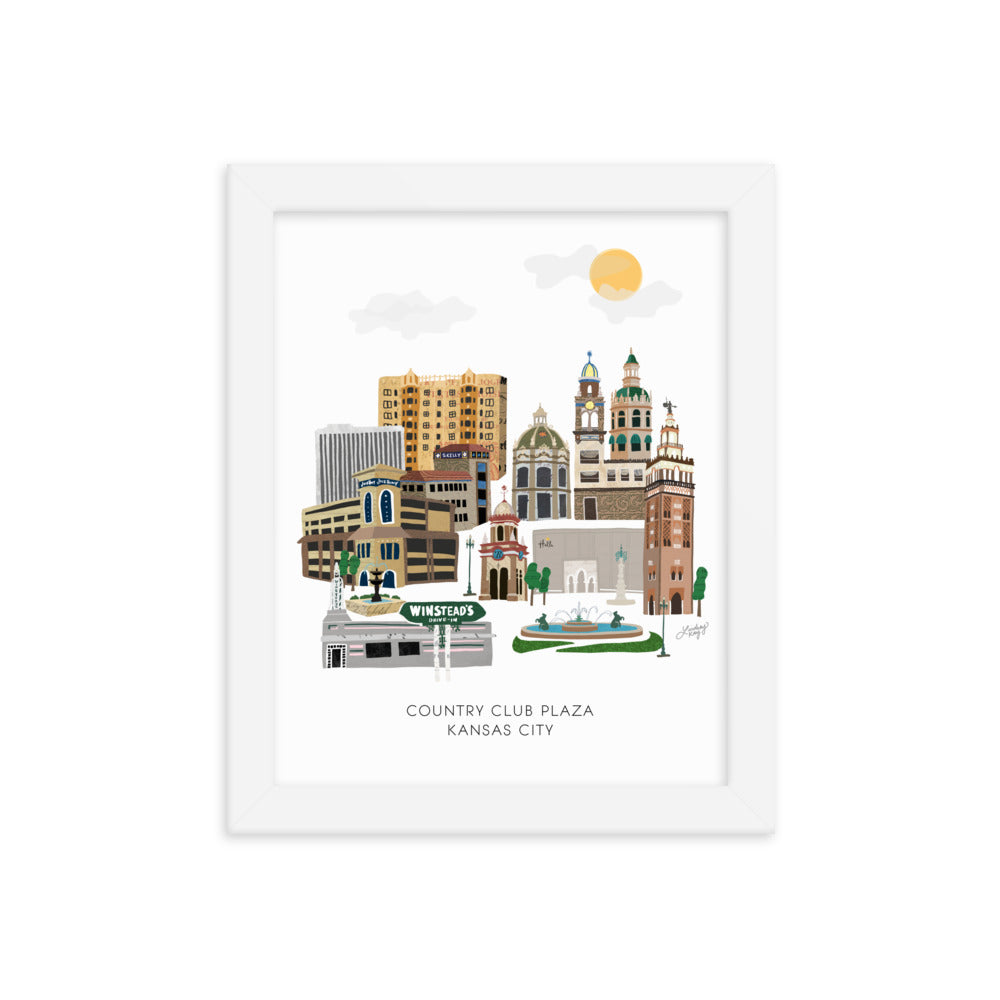 Kansas City Plaza Skyline Illustration - Framed Matte Print - Lindsey Kay Collective