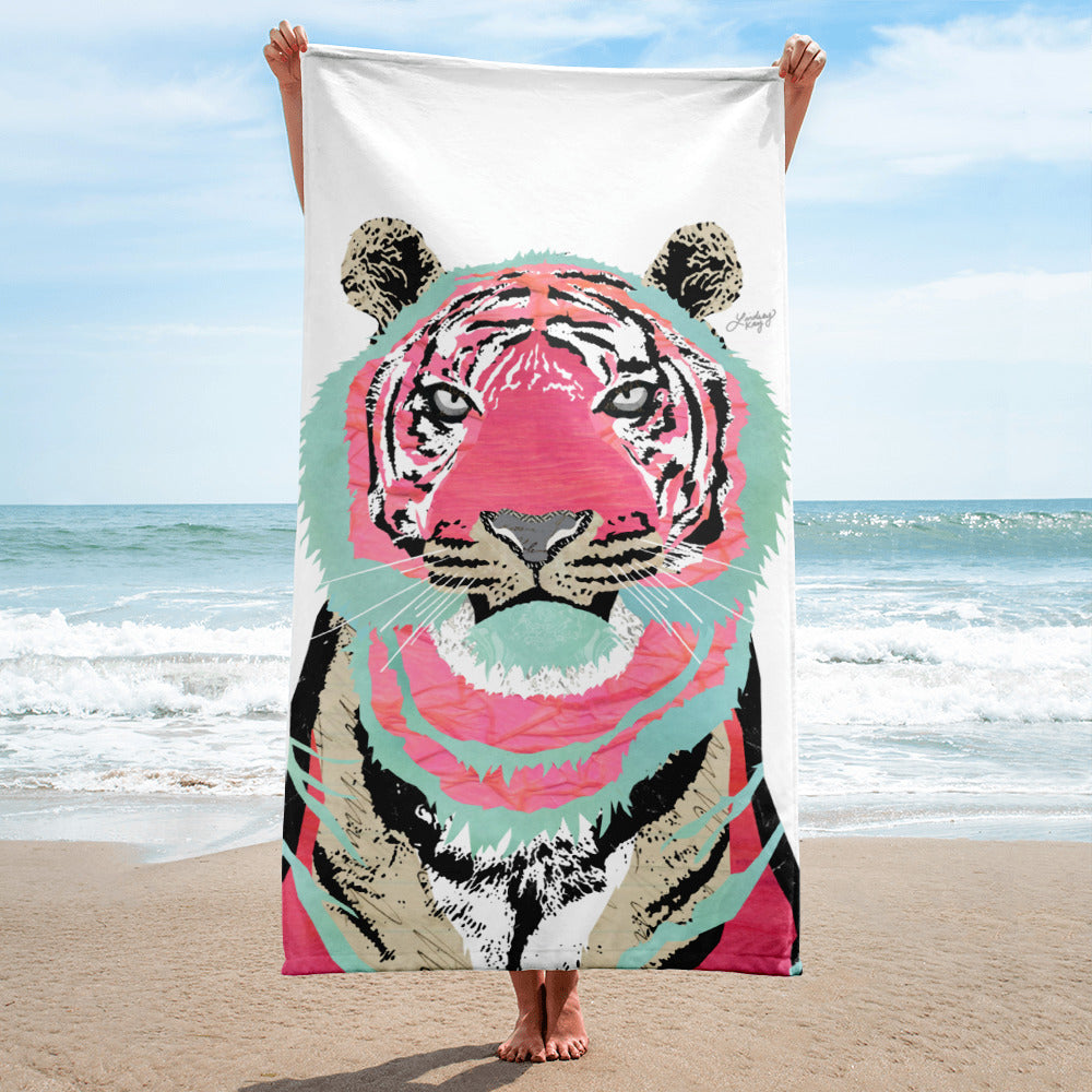 pink tiger illustration collage feminine dorm room beach towel pool accessory cute lindsey kay collective