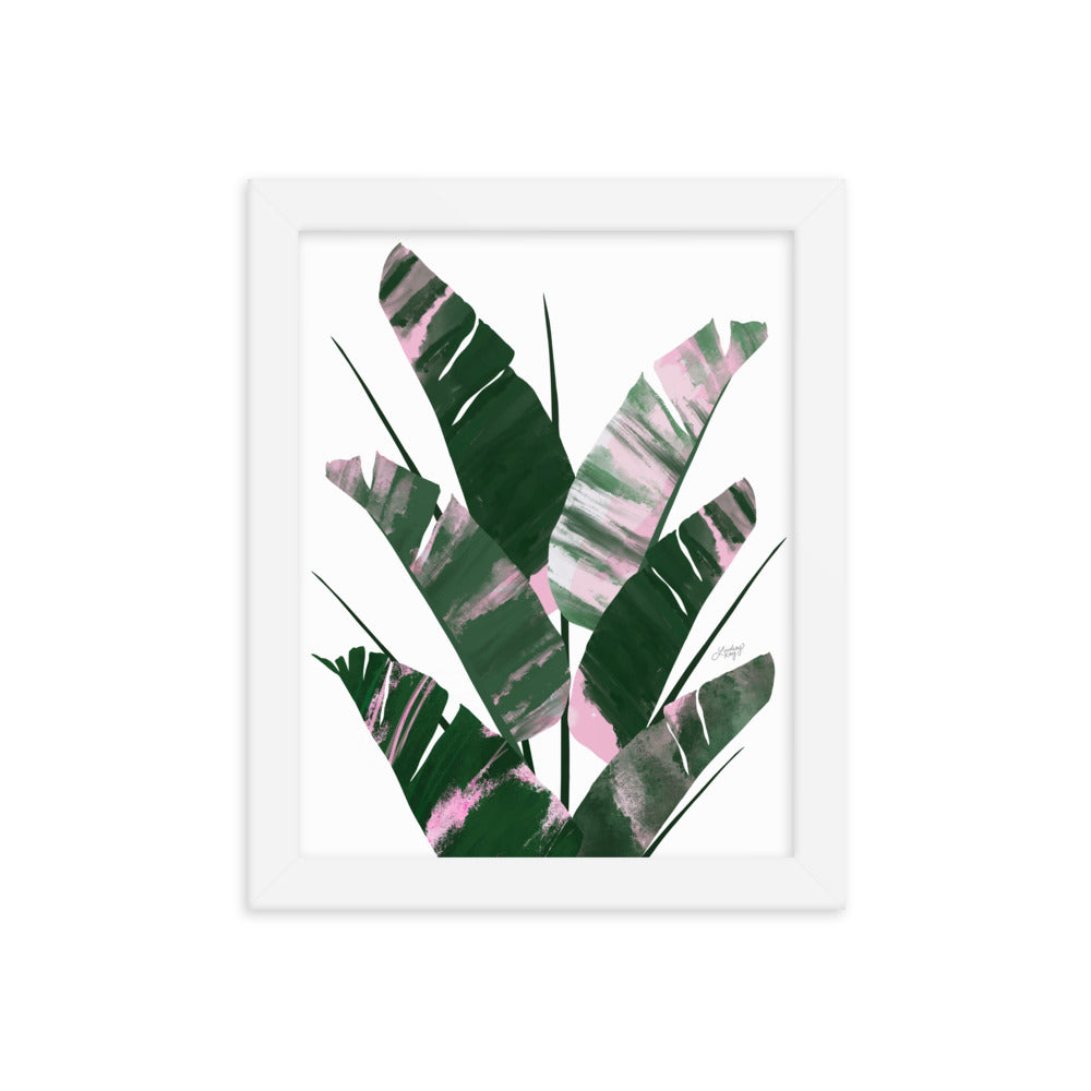 Plante à feuilles de bananier (palette verte/rose) - Impression mate encadrée
