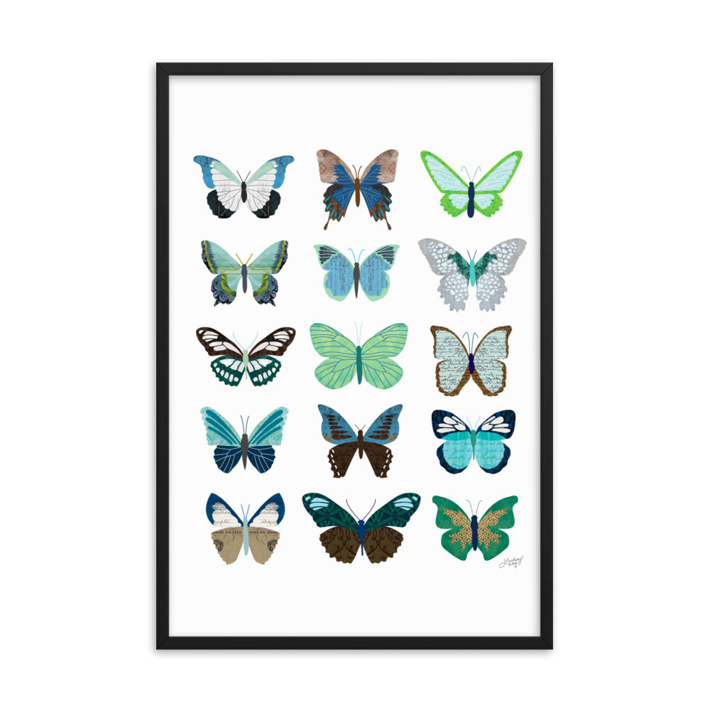 Green and Blue Butterflies Collage - Framed Matte Print