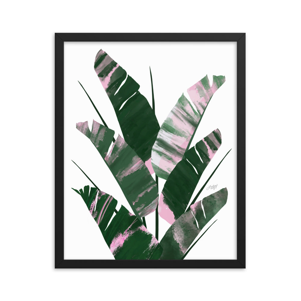 Planta de hoja de plátano (paleta verde/rosa) - Impresión mate enmarcada