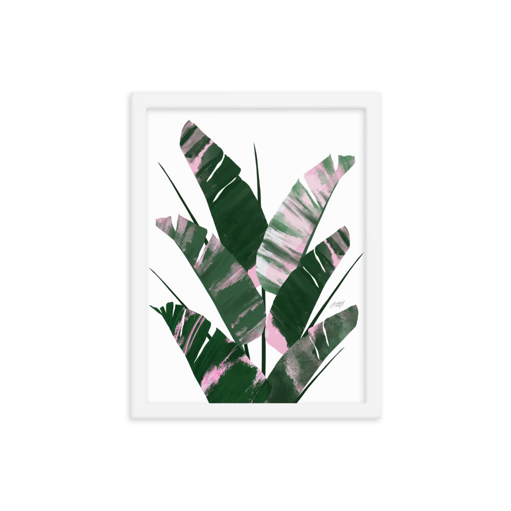 Planta de hoja de plátano (paleta verde/rosa) - Impresión mate enmarcada