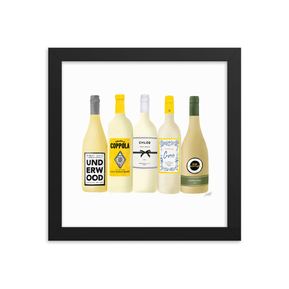 Ilustración de botellas de vino blanco - Impresión mate enmarcada