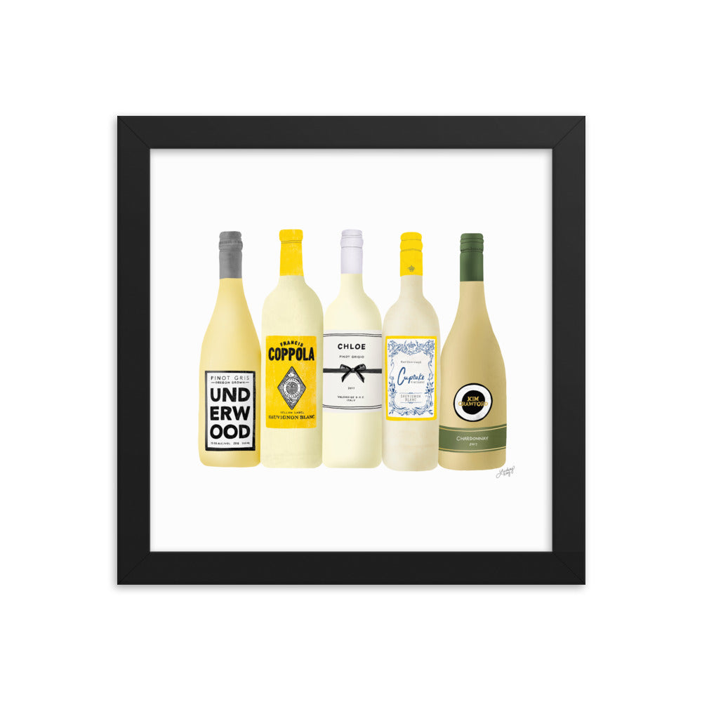 White Wine Bottles Illustration - Framed Matte Print