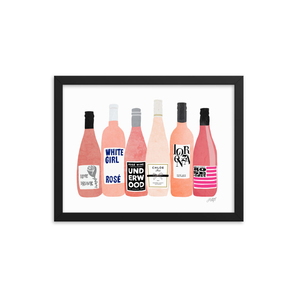 Rose Wine Bottles Illustration - Framed Matte Print