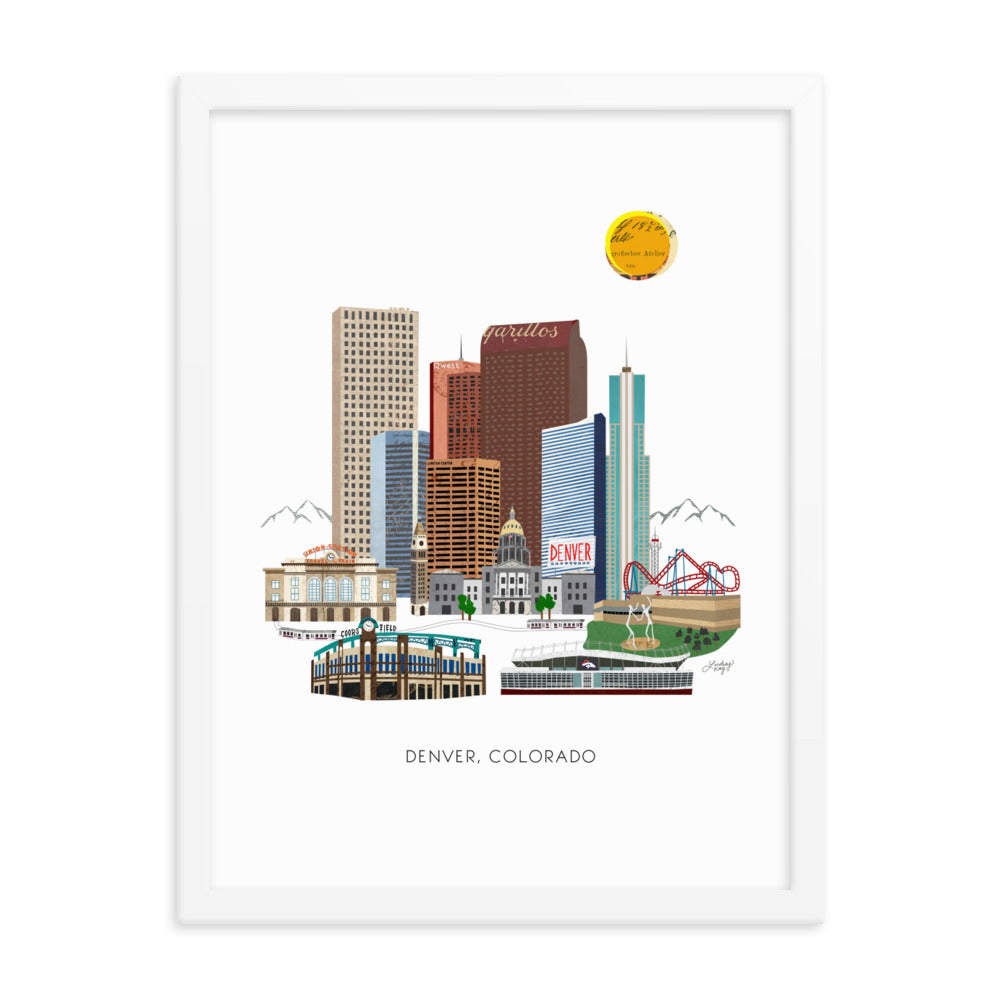 denver downtown skyline cityscape illustration framed wall art artwork poster art print