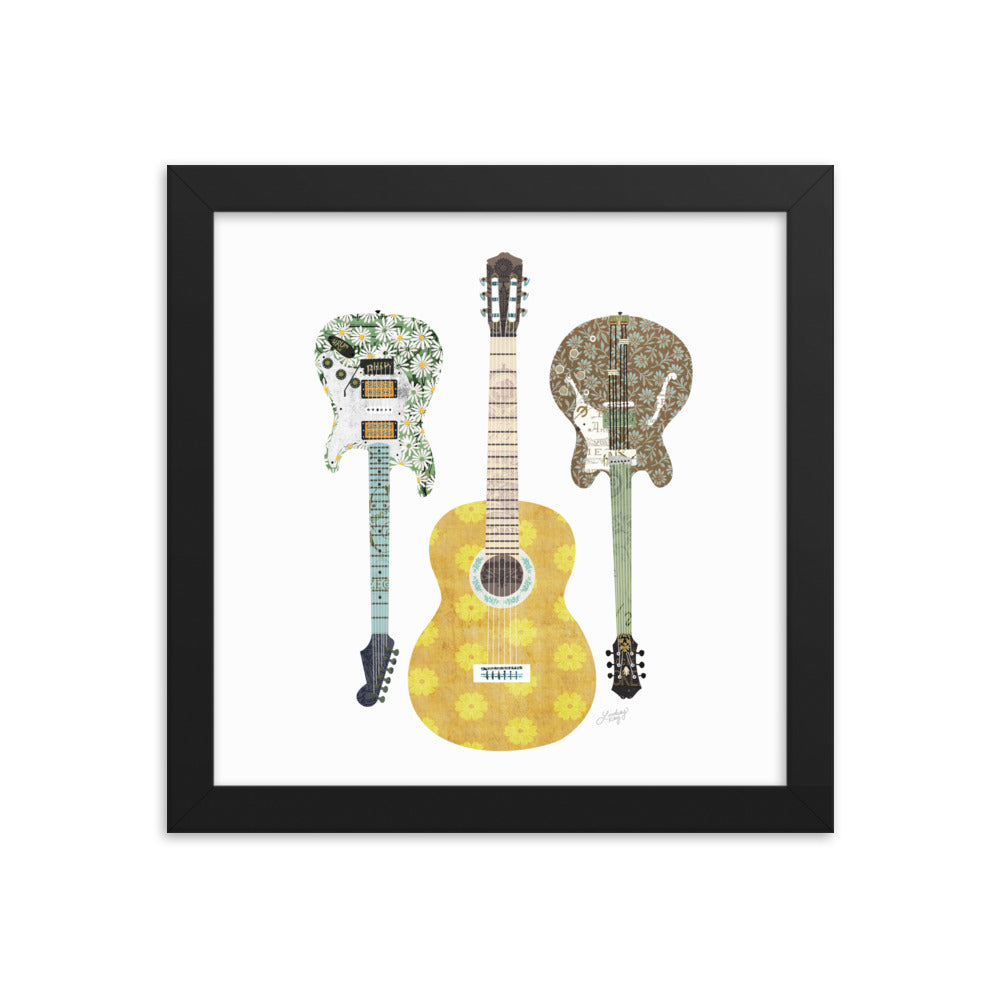 Retro Guitars Collage Illustration - Framed Matte Print - Lindsey Kay Collective