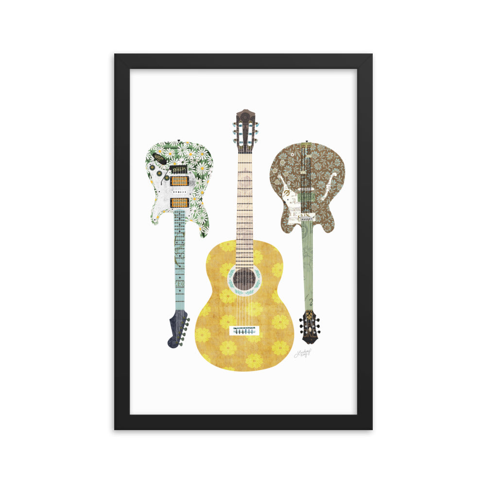 Retro Guitars Collage Illustration - Framed Matte Print - Lindsey Kay Collective