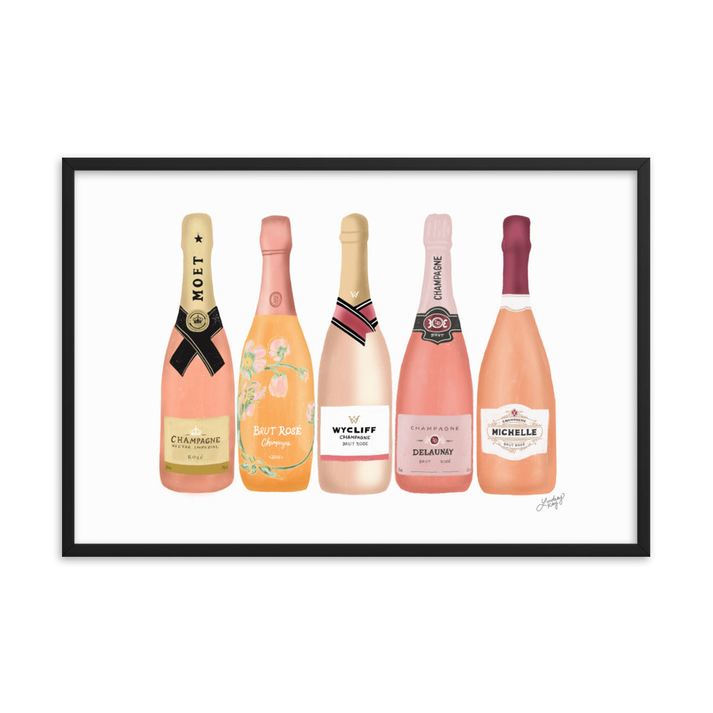 Illustration de bouteilles de champagne rose - Affiche mate encadrée