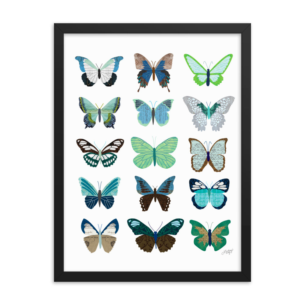 Green and Blue Butterflies Collage - Framed Matte Print