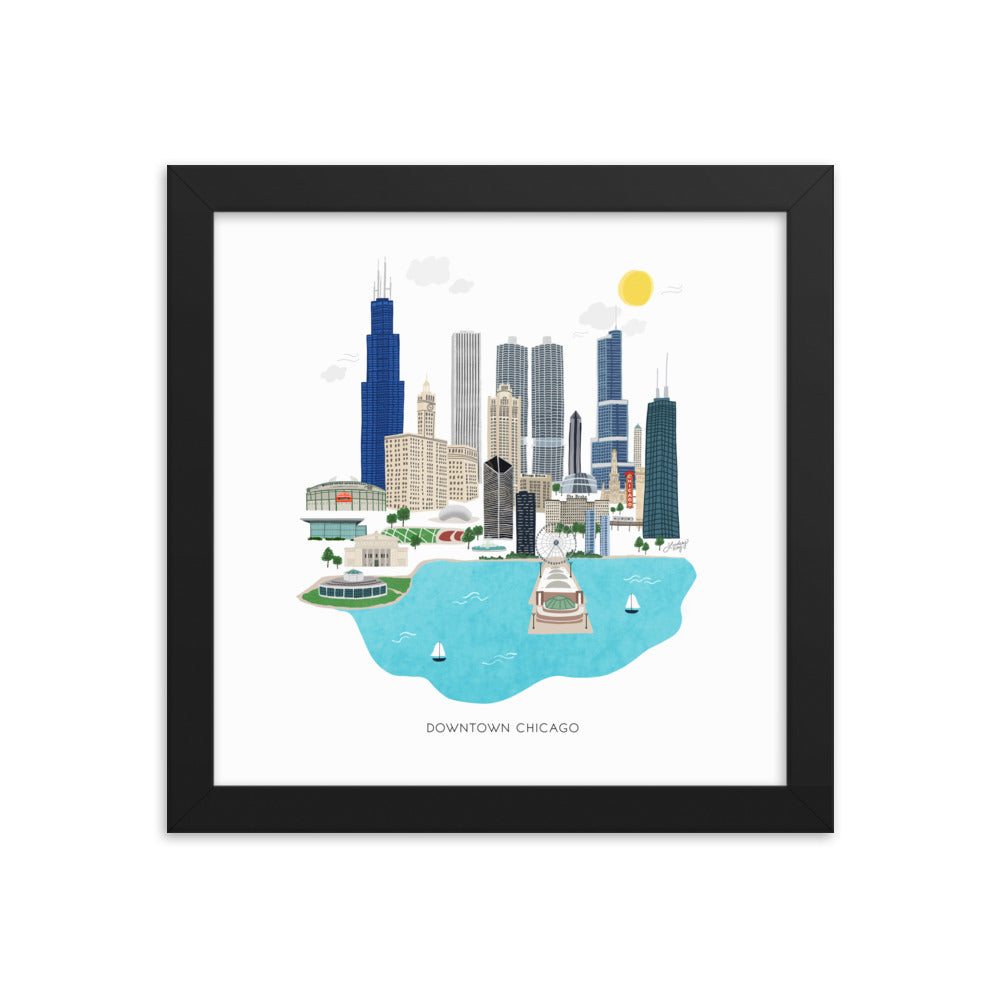 Ilustración del centro de Chicago - Impresión mate enmarcada