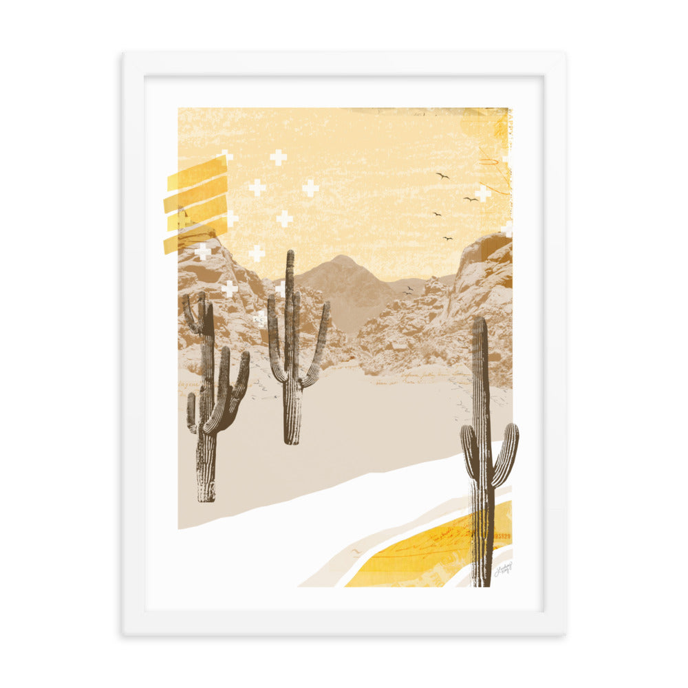 Collage de la montaña del desierto (paleta amarilla) - Impresión mate enmarcada
