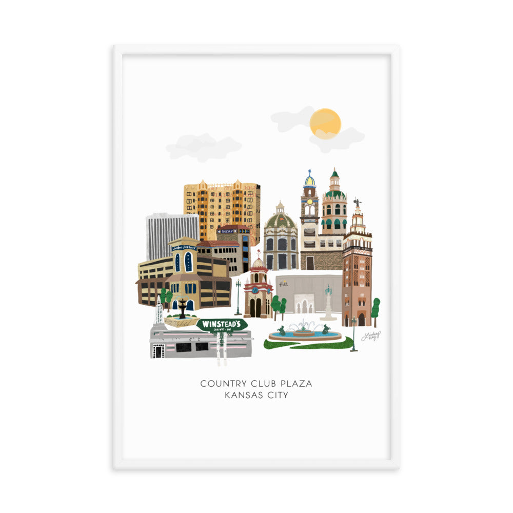 Kansas City Plaza Skyline Illustration - Framed Matte Print - Lindsey Kay Collective