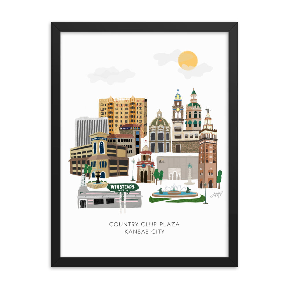 Kansas City Plaza Skyline Illustration - Framed Matte Print - Lindsey Kay Collective