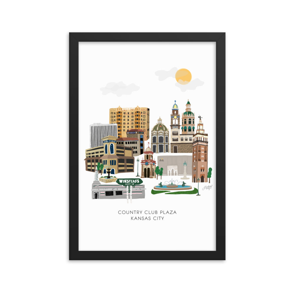 Kansas City Plaza Skyline Illustration - Framed Matte Print - Lindsey Kay Collective