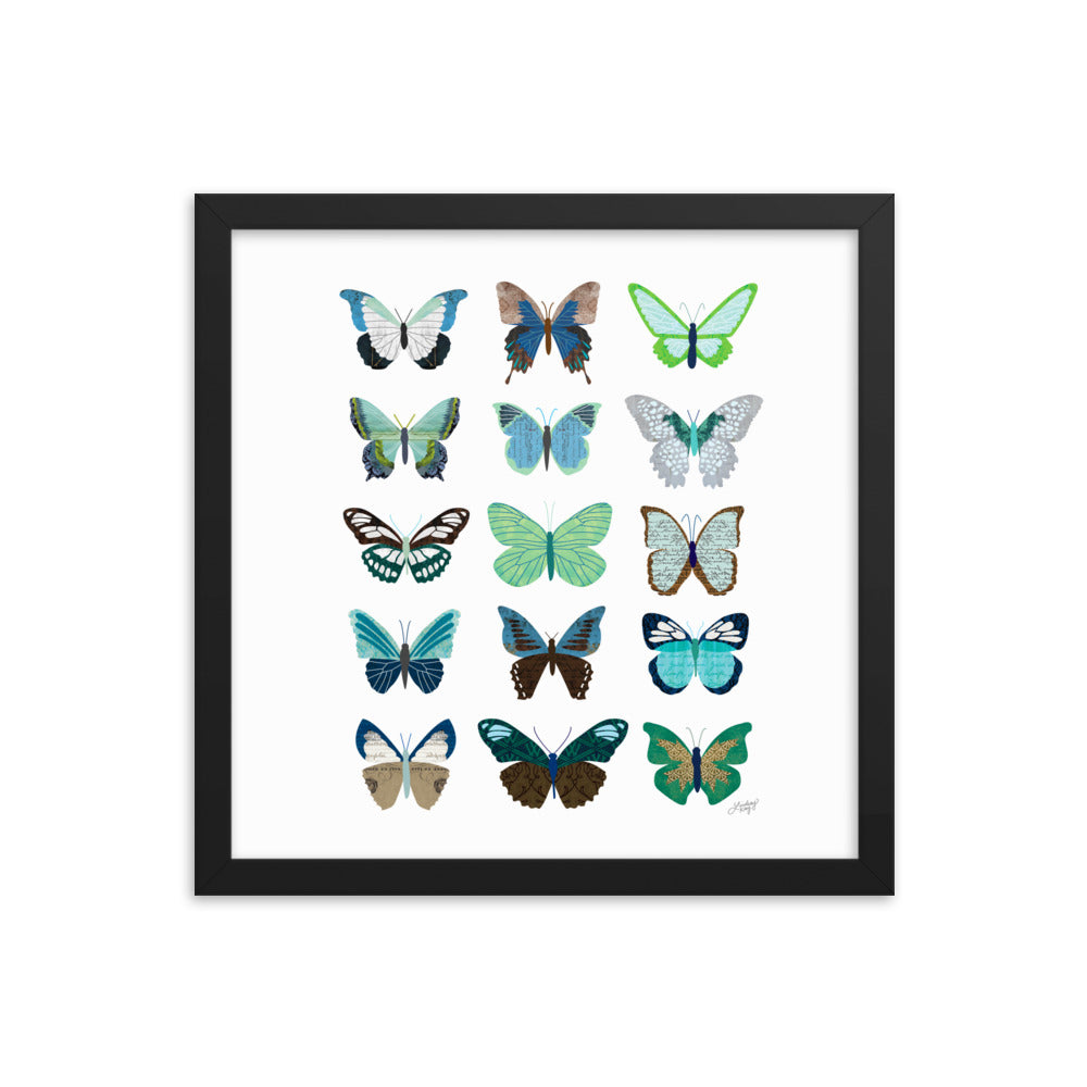 Green and Blue Butterflies Collage - Framed Matte Print