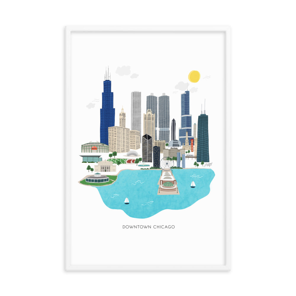 chicago downtown skyline cityscape illustration framed wall art artwork poster art print