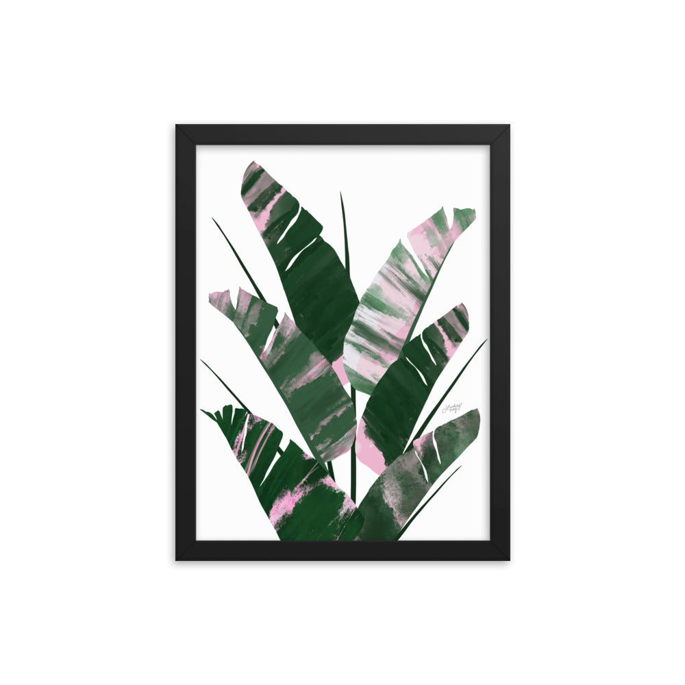 Planta de hoja de plátano (paleta verde/rosa) - Impresión mate enmarcada