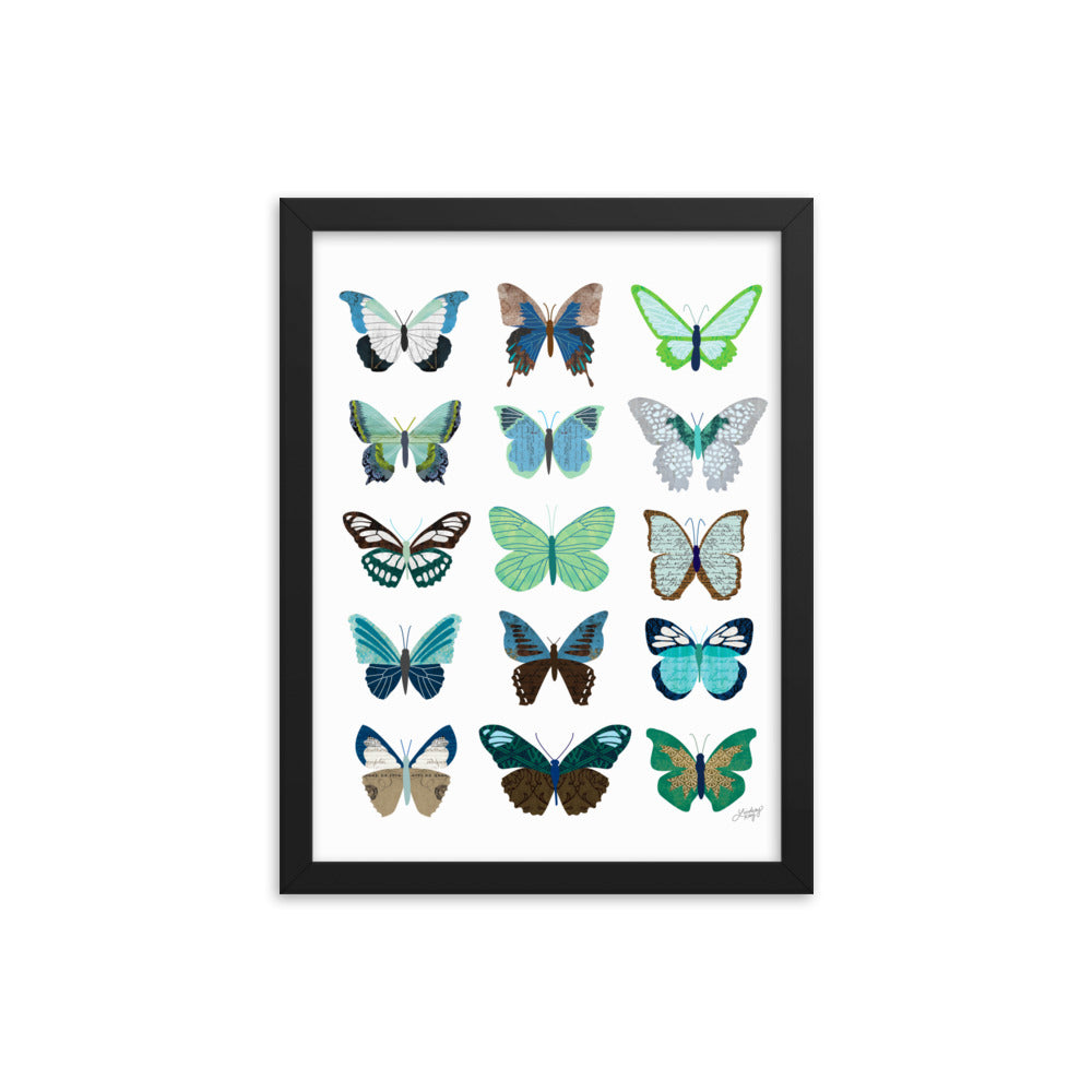 Green and Blue Butterflies Collage - Framed Matte Print