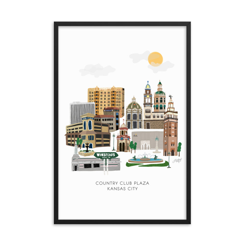 Kansas City Plaza Skyline Illustration - Framed Matte Print - Lindsey Kay Collective