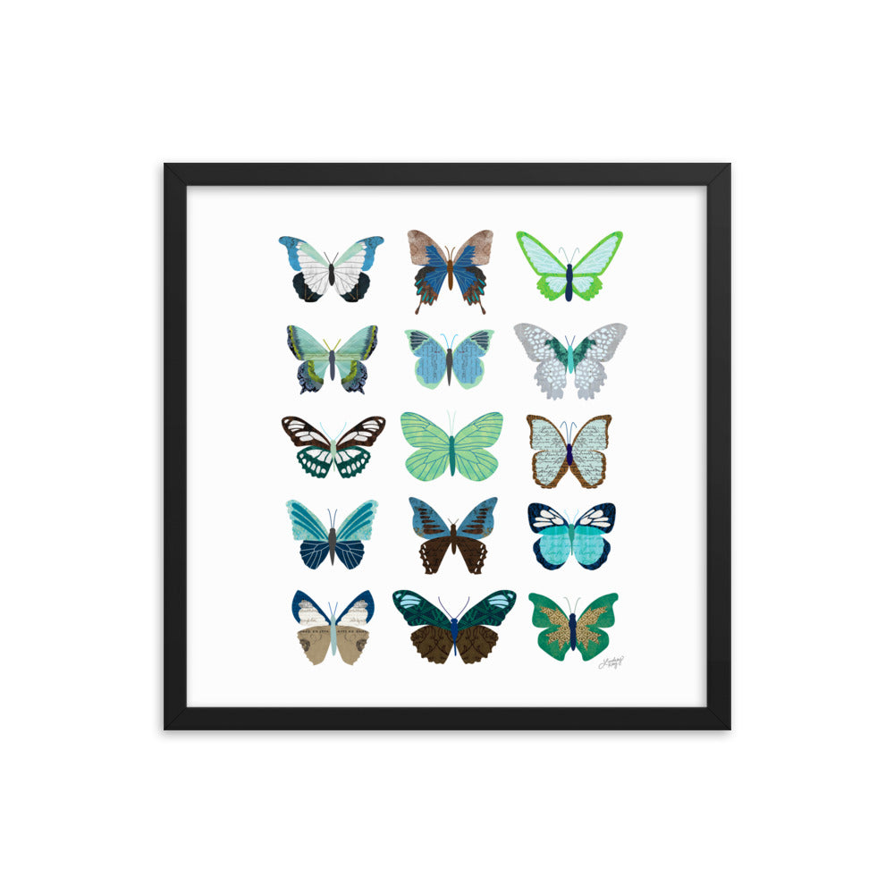 Green and Blue Butterflies Collage - Framed Matte Print