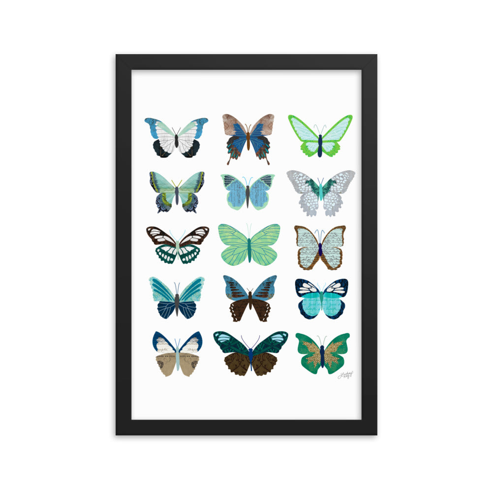 Green and Blue Butterflies Collage - Framed Matte Print