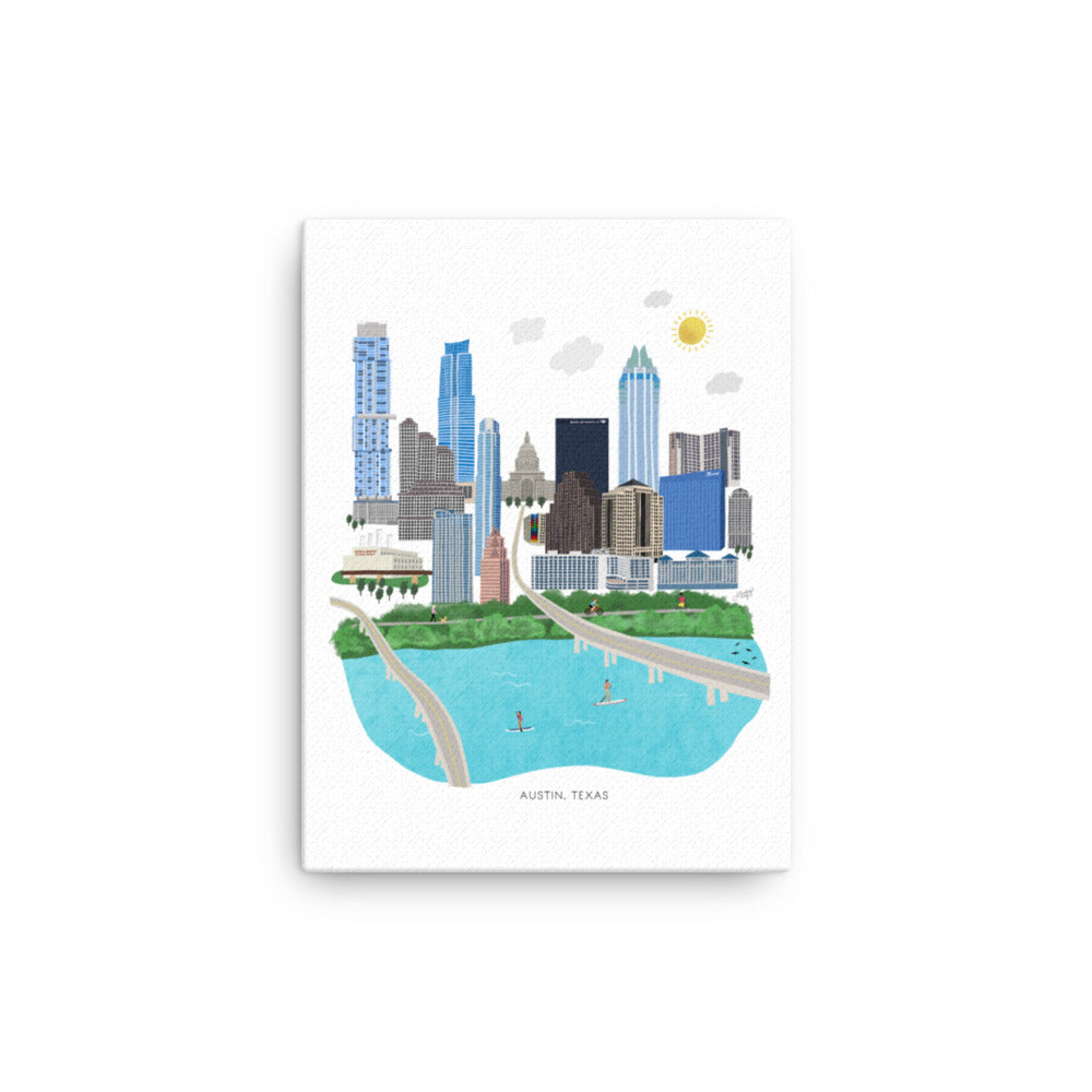 austin texas cityscape illustration on canvas designed by lindsey kay collective