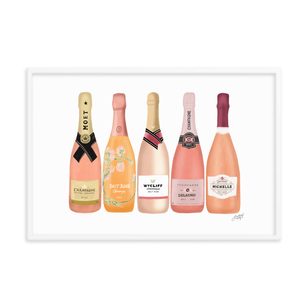 Illustration de bouteilles de champagne rose - Affiche mate encadrée