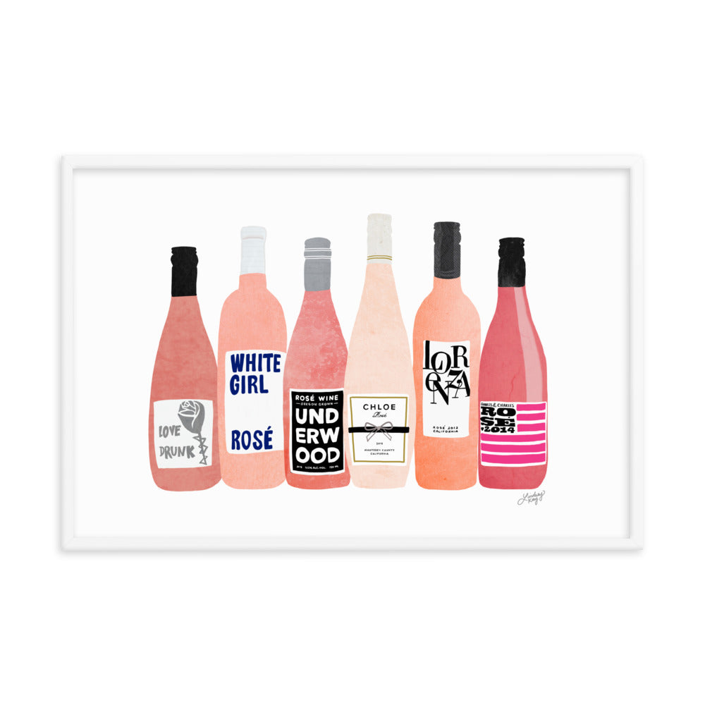 Rose Wine Bottles Illustration - Framed Matte Print