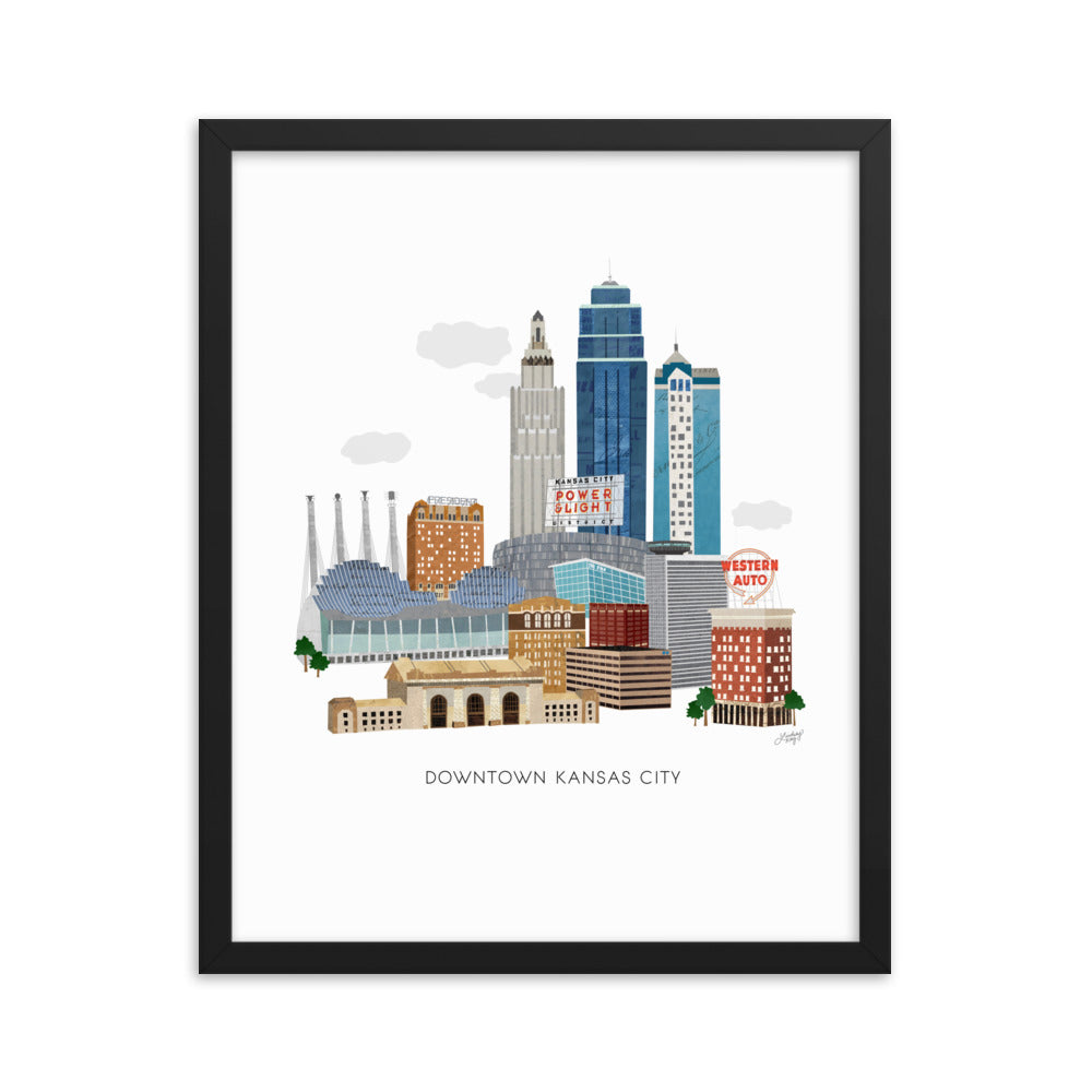 Ilustración del centro de Kansas City - Impresión mate enmarcada