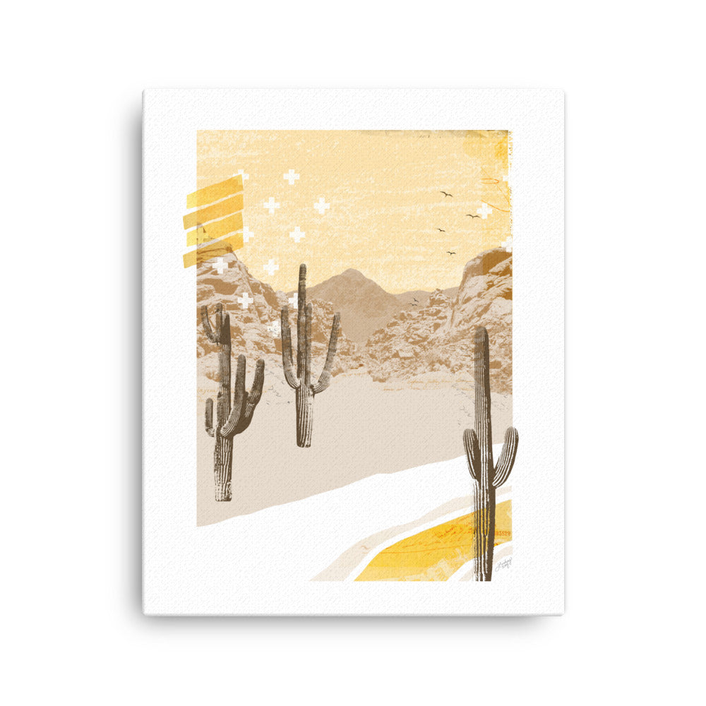 abstract collage illustration of a mountain desert landscape printed on canvas
