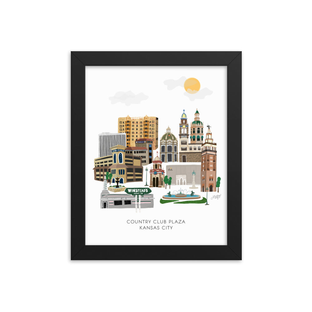 Kansas City Plaza Skyline Illustration - Framed Matte Print - Lindsey Kay Collective