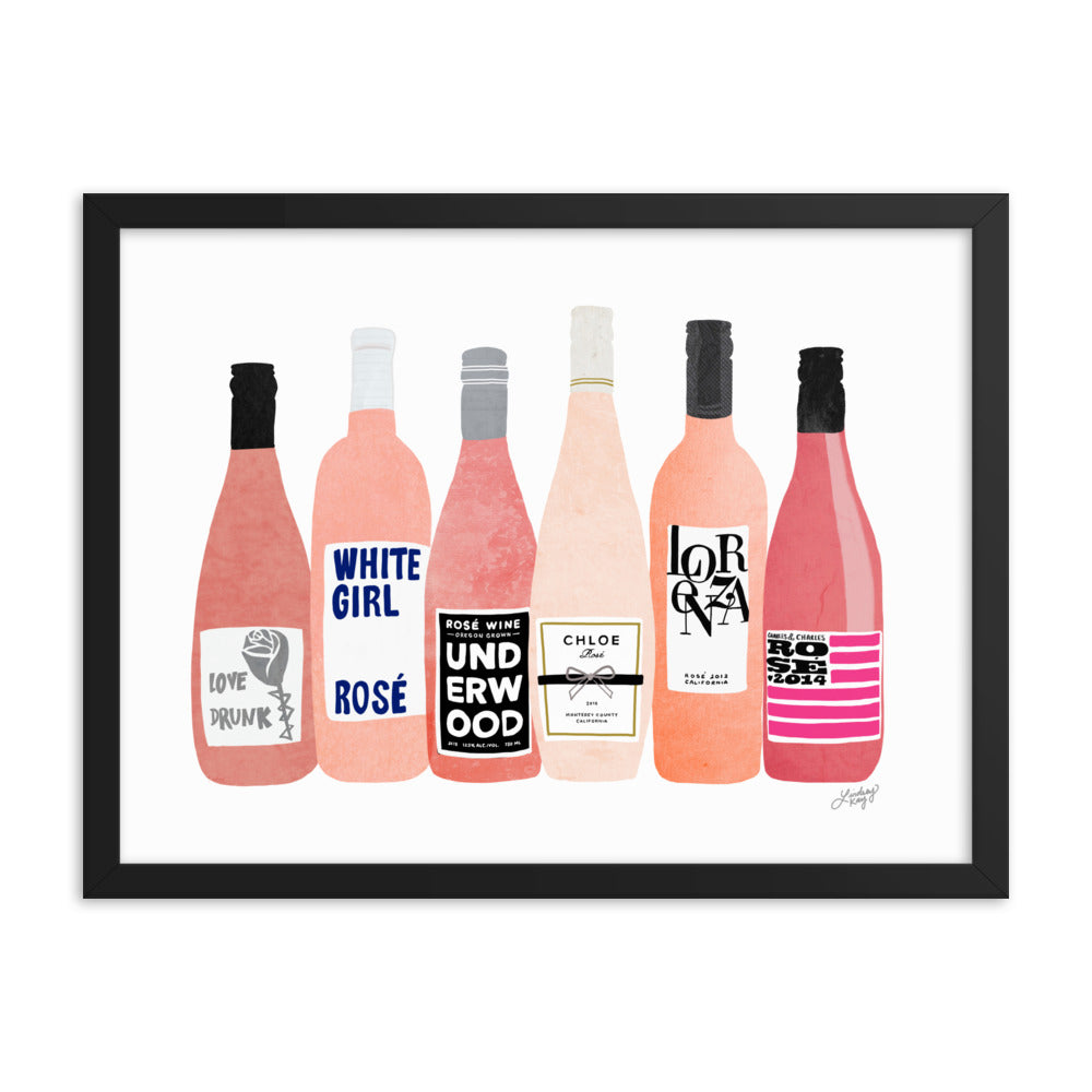 Rose Wine Bottles Illustration - Framed Matte Print