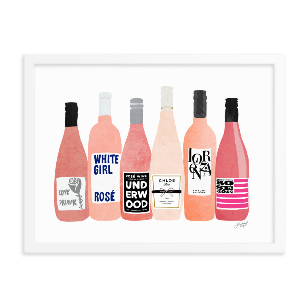 Rose Wine Bottles Illustration - Framed Matte Print